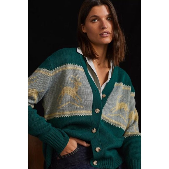 NWOT Anthropologie Tiny Reindeer Cardigan SweaterHoliday Z453
